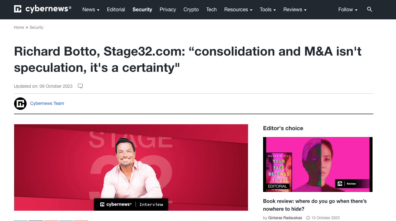 Stage 32 Founder  CEO Richard RB Botto Featured in CYBERNEWS