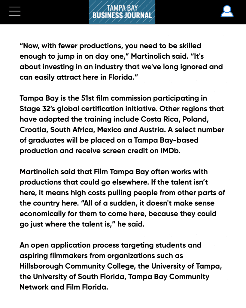 Stage 32 Now Certifying Film Tampa Bay