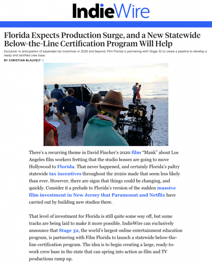 Stage 32 Certification Spotlighted by IndieWire