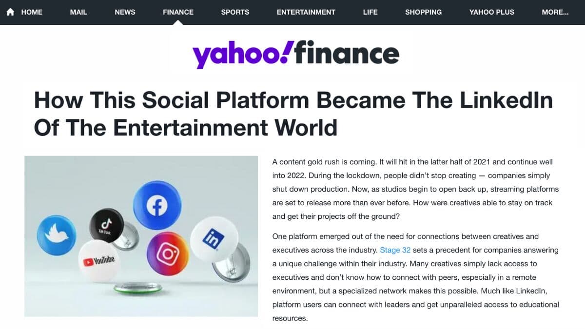 Stage 32 in Yahoo! Finance: "How This Social Platform Became The LinkedIn Of The Entertainment World"
