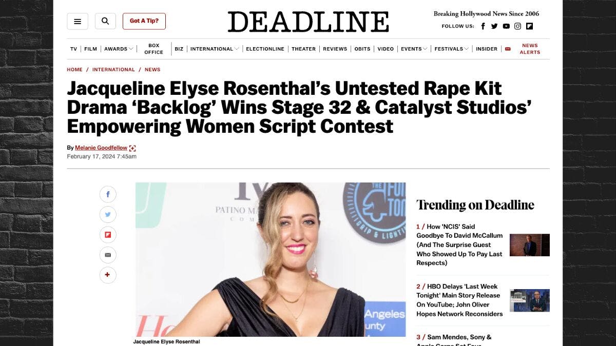 Jacqueline Elyse Rosenthal’s Untested Rape Kit Drama ‘Backlog’ Wins Stage 32 & Catalyst Studios’ Empowering Women Script Contest!